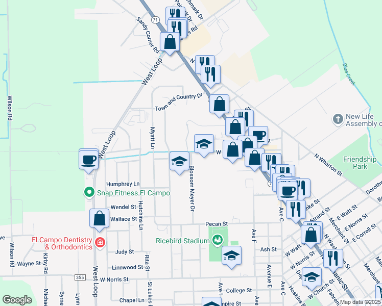 map of restaurants, bars, coffee shops, grocery stores, and more near 501 West Webb Street in El Campo