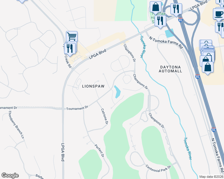 map of restaurants, bars, coffee shops, grocery stores, and more near 105 Joyelle Circle in Daytona Beach