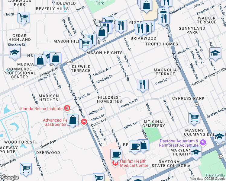 map of restaurants, bars, coffee shops, grocery stores, and more near 533 Essex Road in Daytona Beach