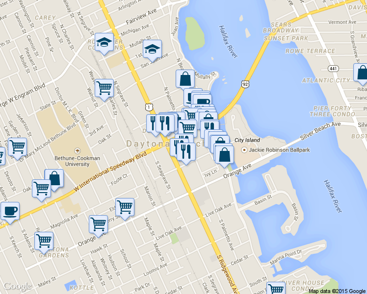 map of restaurants, bars, coffee shops, grocery stores, and more near 116 South Palmetto Avenue in Daytona Beach