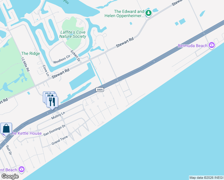 map of restaurants, bars, coffee shops, grocery stores, and more near 4002 Mutiny Court in Galveston