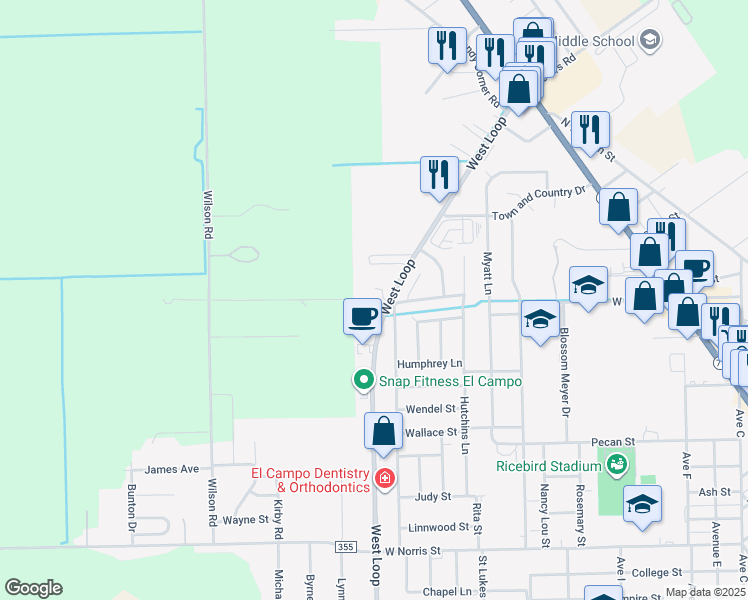 map of restaurants, bars, coffee shops, grocery stores, and more near 2605 West Loop in El Campo