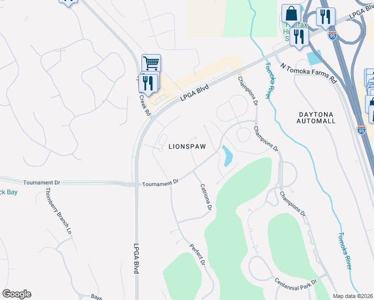 map of restaurants, bars, coffee shops, grocery stores, and more near 160 Mendoza Circle in Daytona Beach
