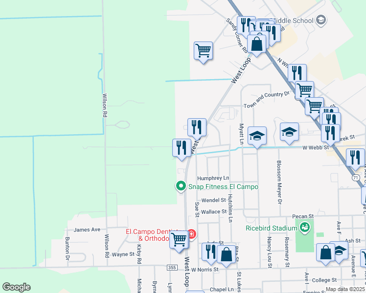 map of restaurants, bars, coffee shops, grocery stores, and more near 2605 West Loop in El Campo