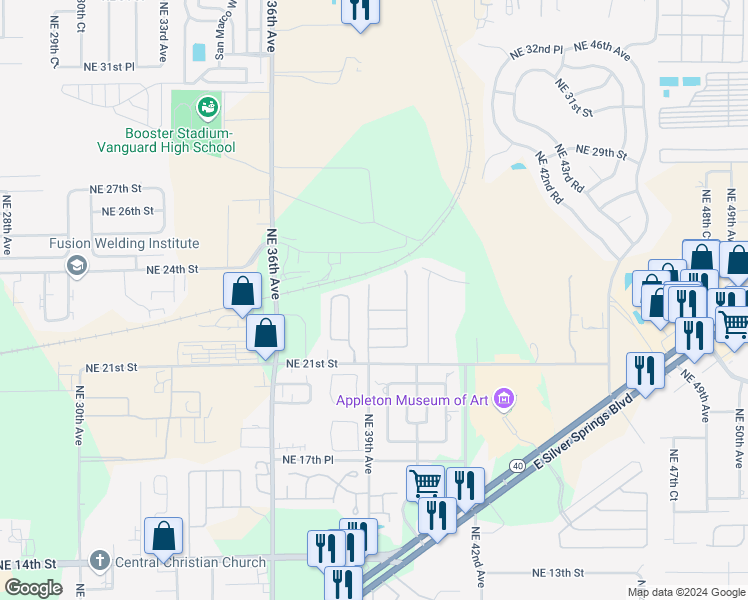 map of restaurants, bars, coffee shops, grocery stores, and more near 2301 Northeast 39th Avenue in Ocala