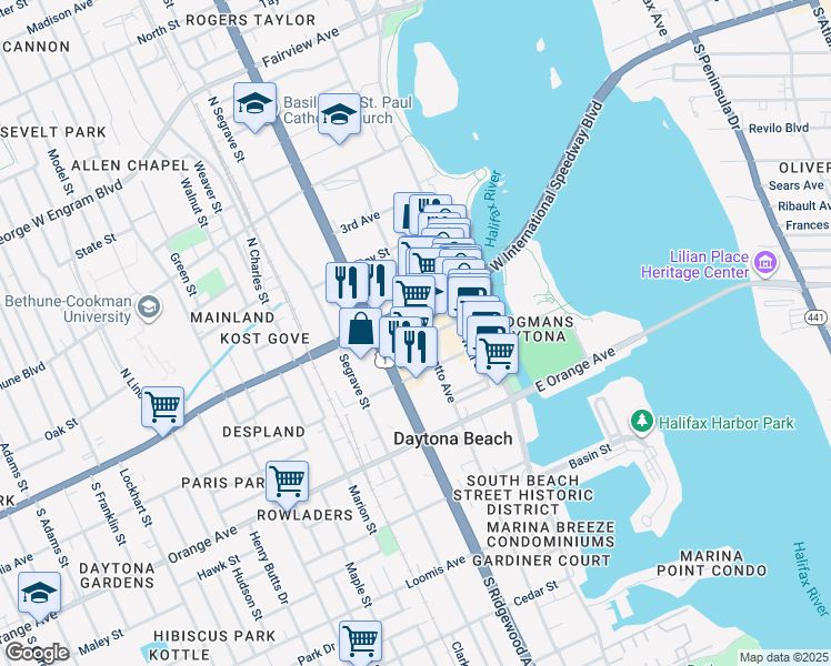 map of restaurants, bars, coffee shops, grocery stores, and more near in Daytona Beach
