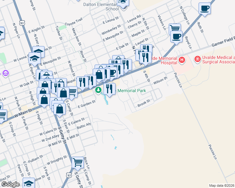 map of restaurants, bars, coffee shops, grocery stores, and more near South 1st Street in Uvalde