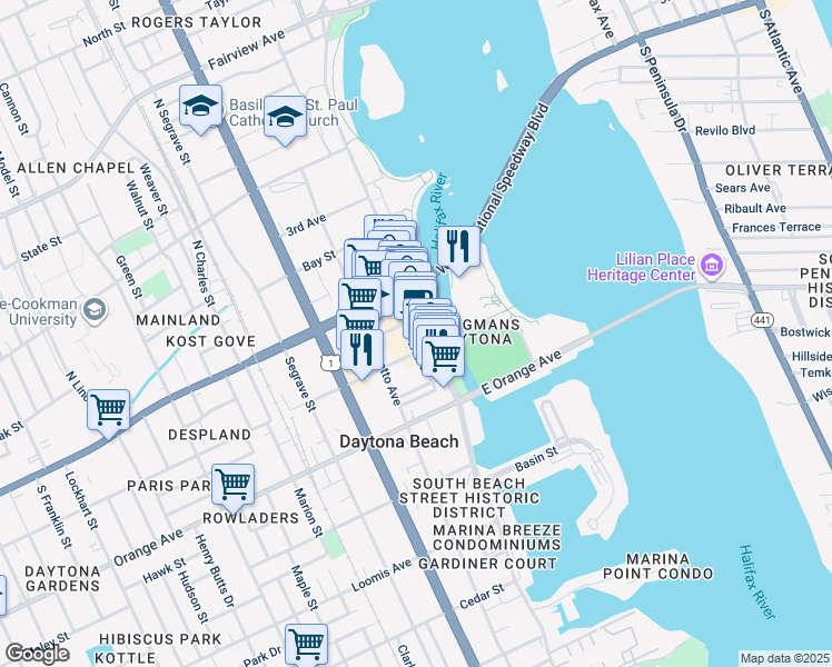 map of restaurants, bars, coffee shops, grocery stores, and more near 140 South Beach Street in Daytona Beach