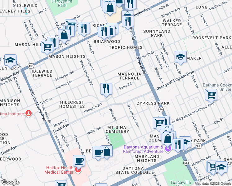 map of restaurants, bars, coffee shops, grocery stores, and more near 519 Colfax Drive in Daytona Beach