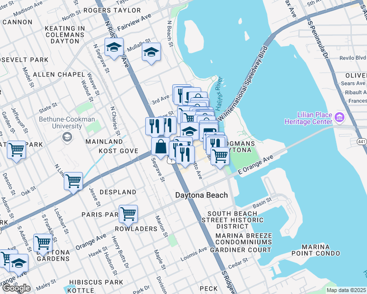 map of restaurants, bars, coffee shops, grocery stores, and more near in Daytona Beach