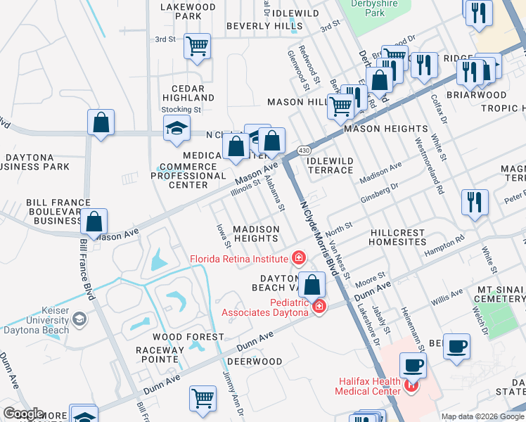 map of restaurants, bars, coffee shops, grocery stores, and more near 764 Georgia Street in Daytona Beach