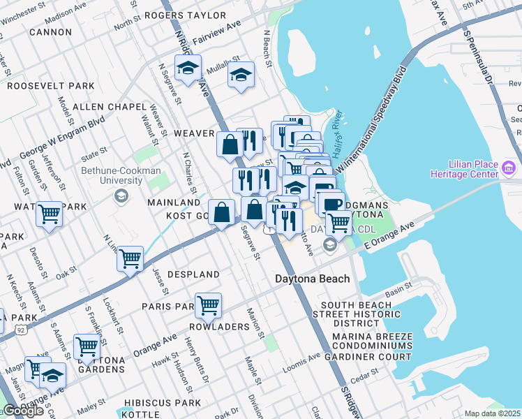 map of restaurants, bars, coffee shops, grocery stores, and more near in Daytona Beach