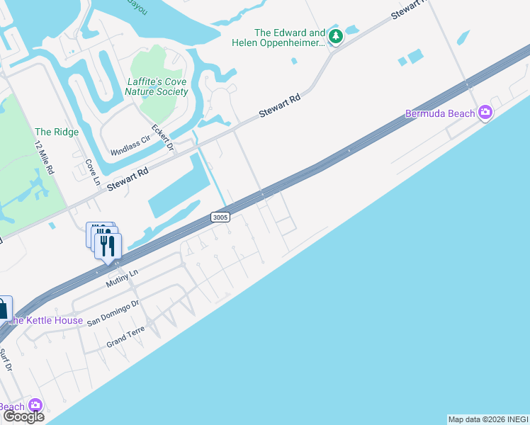 map of restaurants, bars, coffee shops, grocery stores, and more near 3913 11 Mile Road in Galveston