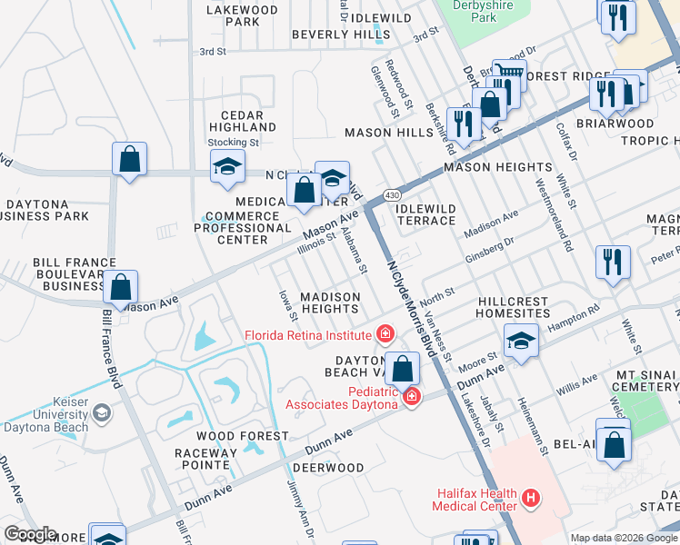 map of restaurants, bars, coffee shops, grocery stores, and more near 764 Georgia Street in Daytona Beach