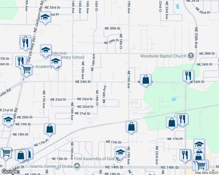 map of restaurants, bars, coffee shops, grocery stores, and more near 2322 Northeast 18th Terrace in Ocala