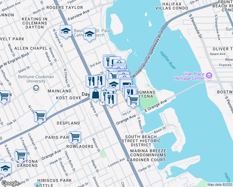 map of restaurants, bars, coffee shops, grocery stores, and more near 116 South Palmetto Avenue in Daytona Beach