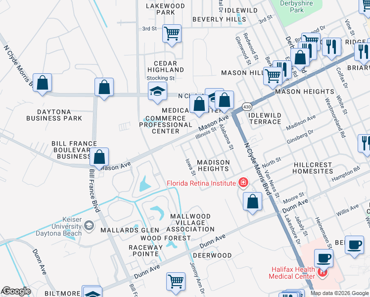 map of restaurants, bars, coffee shops, grocery stores, and more near 793 Iowa Street in Daytona Beach