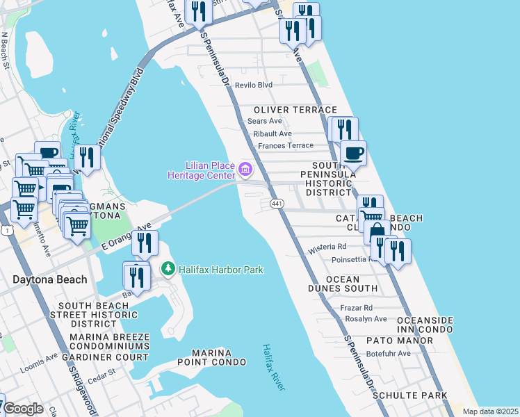 map of restaurants, bars, coffee shops, grocery stores, and more near 1224 South Peninsula Drive in Daytona Beach
