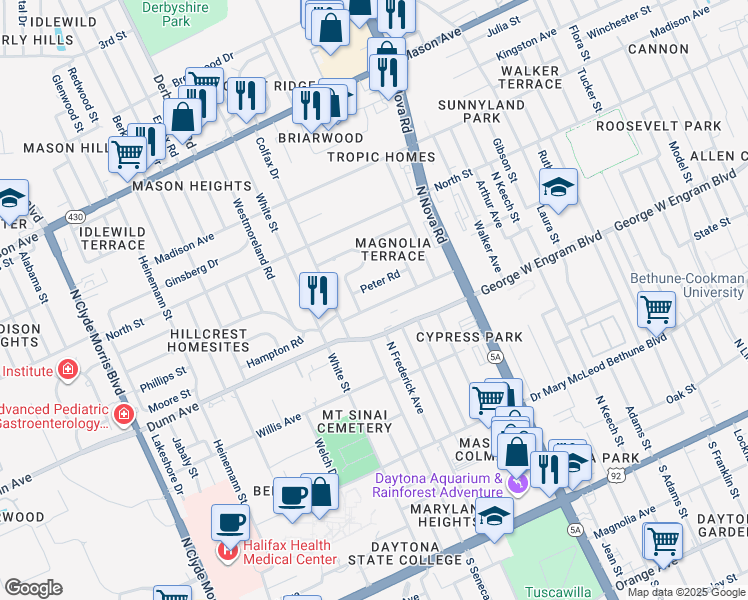 map of restaurants, bars, coffee shops, grocery stores, and more near 1068 Hampton Road in Daytona Beach