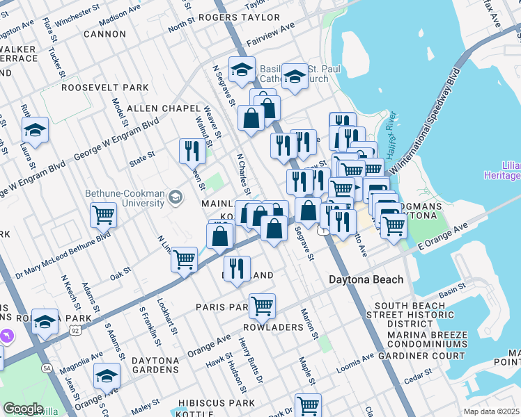 map of restaurants, bars, coffee shops, grocery stores, and more near 123 North Charles Street in Daytona Beach