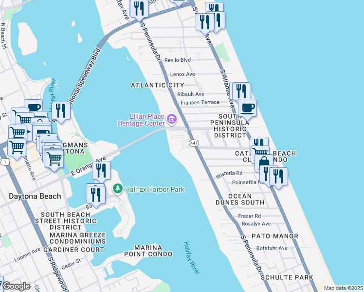 map of restaurants, bars, coffee shops, grocery stores, and more near 1224 South Peninsula Drive in Daytona Beach