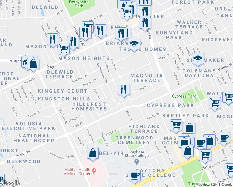 map of restaurants, bars, coffee shops, grocery stores, and more near 530 White Street in Daytona Beach