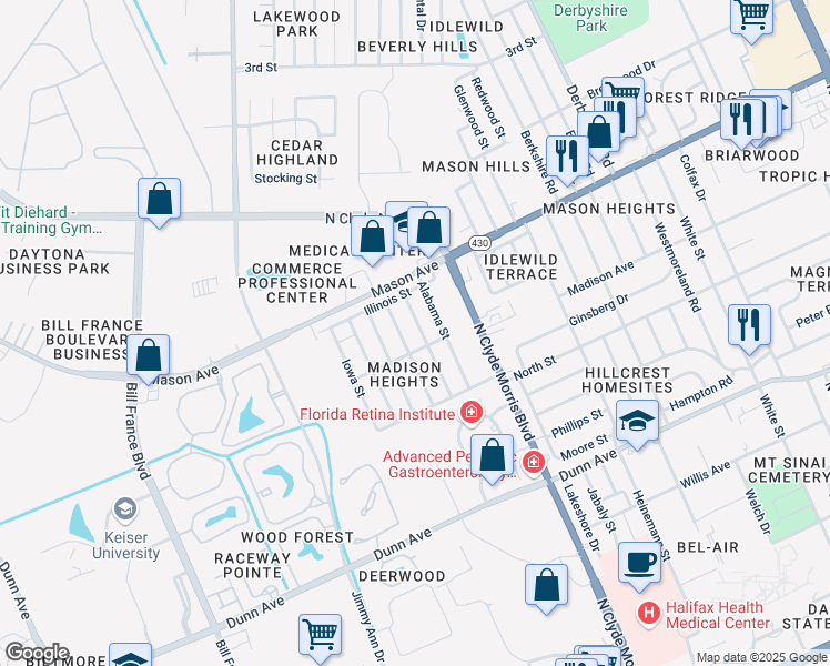 map of restaurants, bars, coffee shops, grocery stores, and more near 764 Georgia Street in Daytona Beach