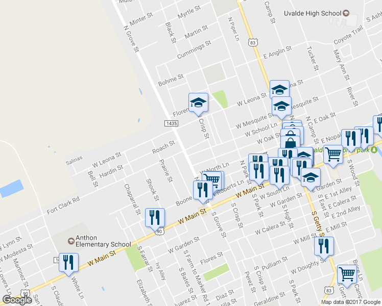 map of restaurants, bars, coffee shops, grocery stores, and more near 440 West School Lane in Uvalde