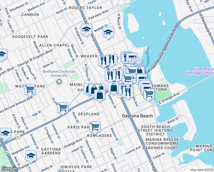 map of restaurants, bars, coffee shops, grocery stores, and more near 111 North Segrave Street in Daytona Beach
