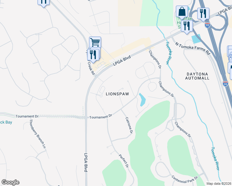 map of restaurants, bars, coffee shops, grocery stores, and more near 160 Mendoza Circle in Daytona Beach