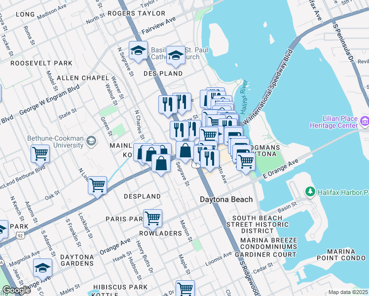 map of restaurants, bars, coffee shops, grocery stores, and more near 111 North Segrave Street in Daytona Beach