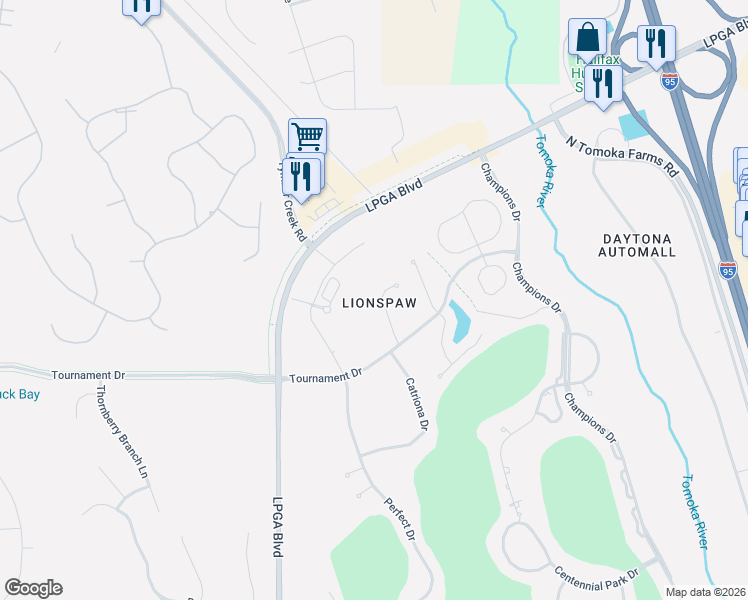 map of restaurants, bars, coffee shops, grocery stores, and more near 160 Mendoza Circle in Daytona Beach