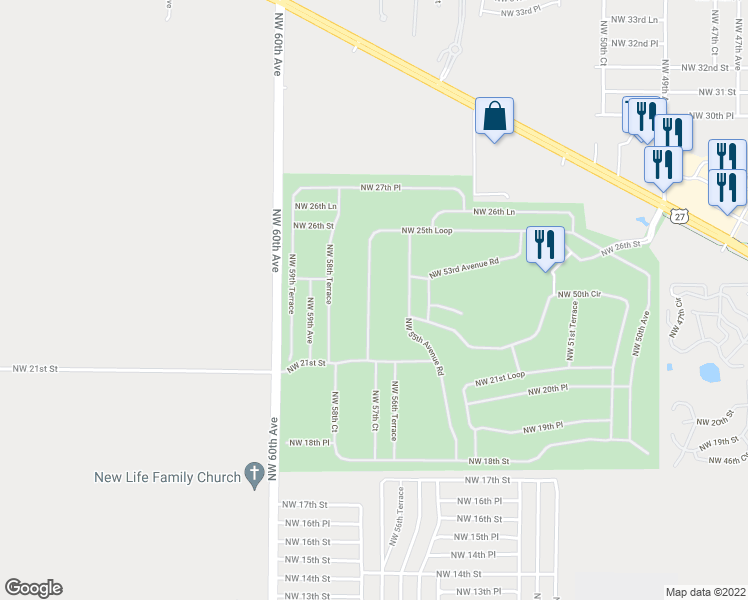 map of restaurants, bars, coffee shops, grocery stores, and more near 5688 Northwest 25th Loop in Ocala