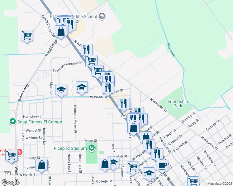 map of restaurants, bars, coffee shops, grocery stores, and more near 112 Turek Street in El Campo
