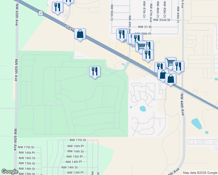 map of restaurants, bars, coffee shops, grocery stores, and more near 2012 Northwest 50th Circle in Ocala