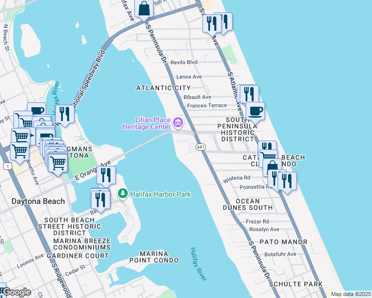 map of restaurants, bars, coffee shops, grocery stores, and more near 1224 South Peninsula Drive in Daytona Beach