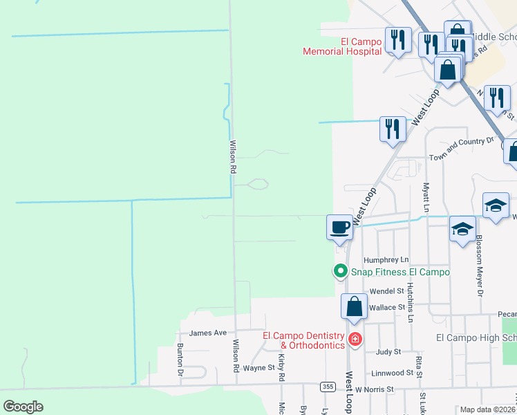 map of restaurants, bars, coffee shops, grocery stores, and more near 193 Kayla Lane in El Campo