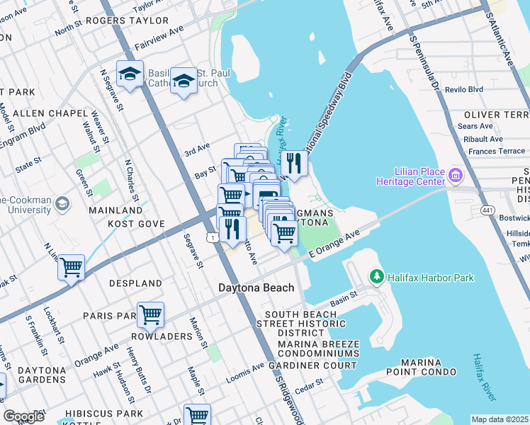 map of restaurants, bars, coffee shops, grocery stores, and more near 140 South Beach Street in Daytona Beach