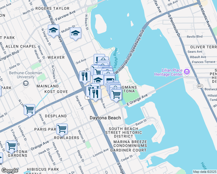 map of restaurants, bars, coffee shops, grocery stores, and more near 140 South Beach Street in Daytona Beach
