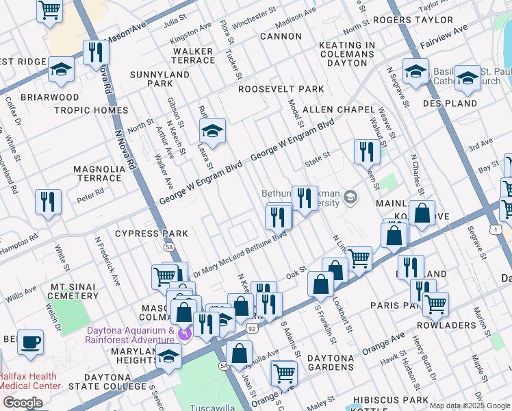 map of restaurants, bars, coffee shops, grocery stores, and more near 331 Rose Avenue in Daytona Beach