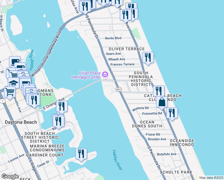 map of restaurants, bars, coffee shops, grocery stores, and more near 1224 South Peninsula Drive in Daytona Beach