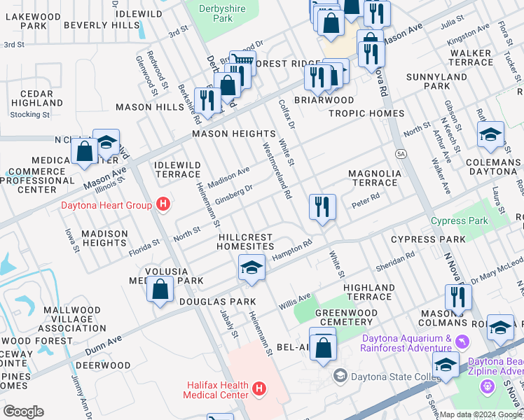 map of restaurants, bars, coffee shops, grocery stores, and more near 533 Essex Road in Daytona Beach