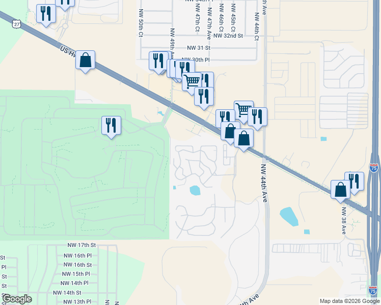 map of restaurants, bars, coffee shops, grocery stores, and more near Northwest 47th Circle in Ocala