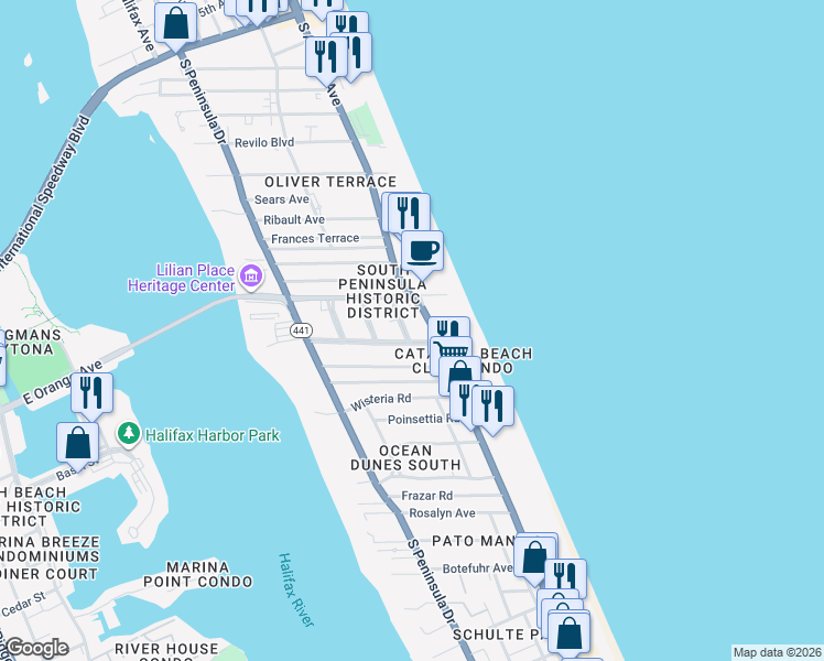 map of restaurants, bars, coffee shops, grocery stores, and more near 1227 Ruger Place in Daytona Beach