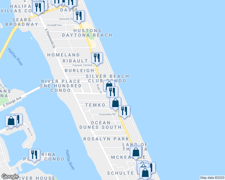map of restaurants, bars, coffee shops, grocery stores, and more near 1233 South Atlantic Avenue in Daytona Beach