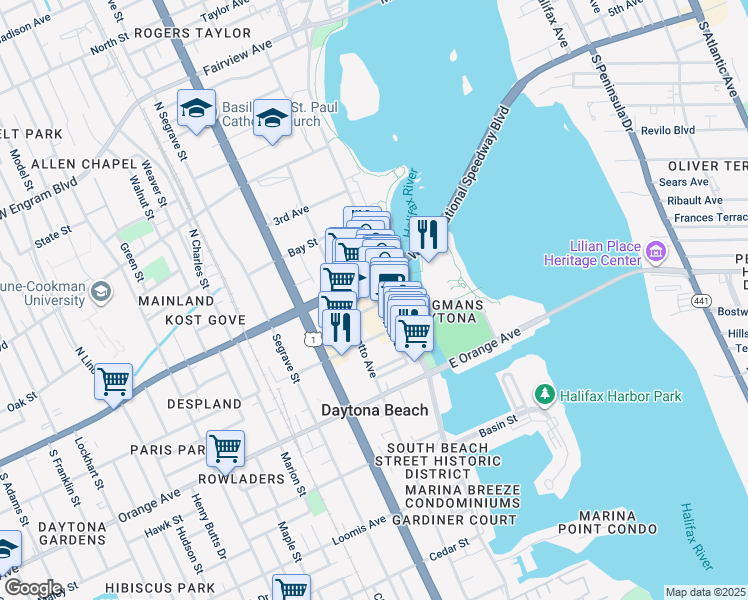 map of restaurants, bars, coffee shops, grocery stores, and more near 140 South Beach Street in Daytona Beach
