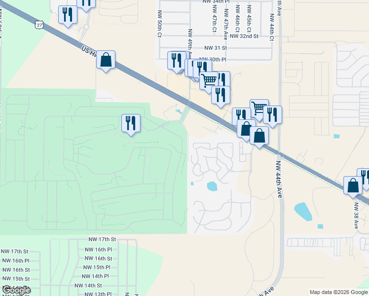 map of restaurants, bars, coffee shops, grocery stores, and more near 2371 Northwest 50th Avenue in Ocala