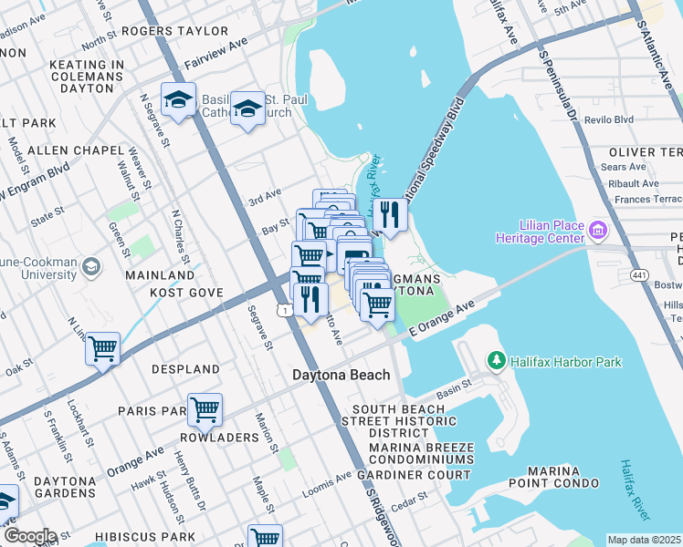 map of restaurants, bars, coffee shops, grocery stores, and more near 140 South Beach Street in Daytona Beach