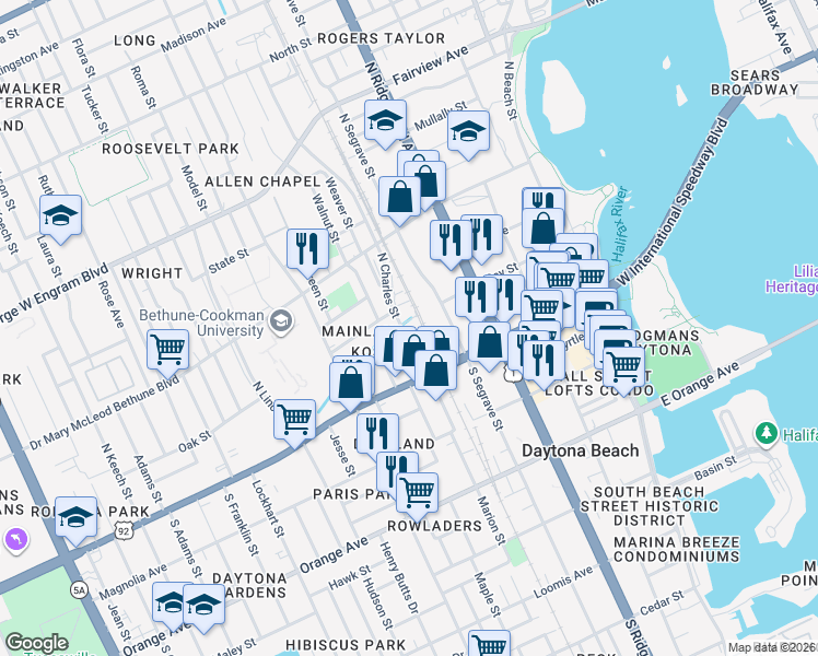 map of restaurants, bars, coffee shops, grocery stores, and more near 142 North Charles Street in Daytona Beach