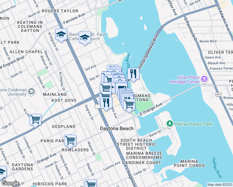 map of restaurants, bars, coffee shops, grocery stores, and more near 140 South Beach Street in Daytona Beach